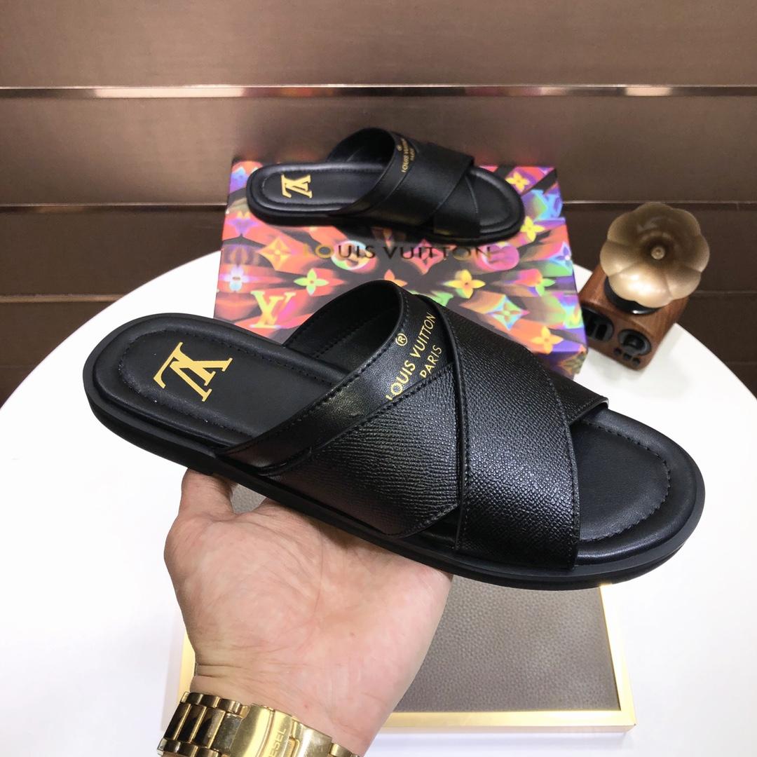 Louis Vuitton Black Leather Foch Cross Strap Flat Slides - DopestKickz