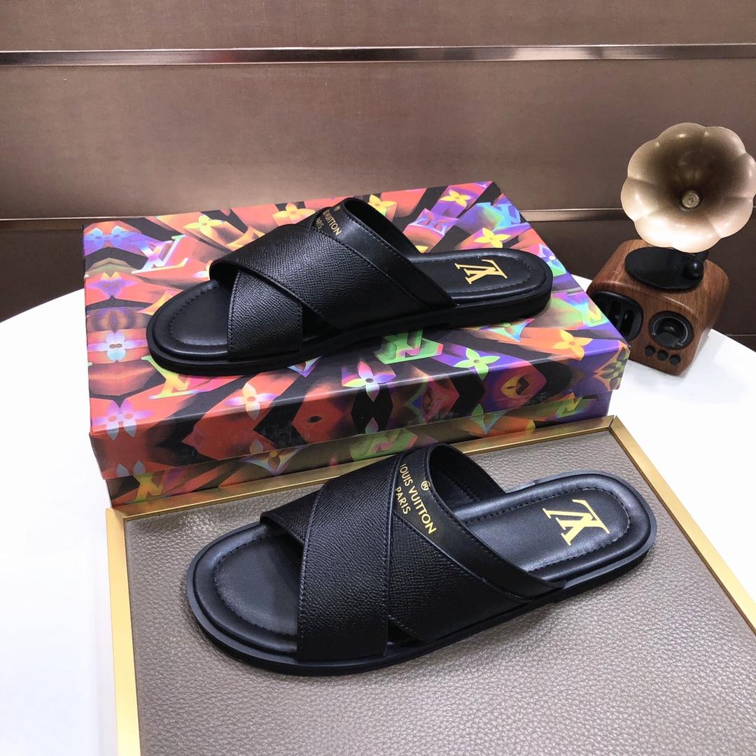 Louis Vuitton Black Leather Foch Cross Strap Flat Slides - DopestKickz