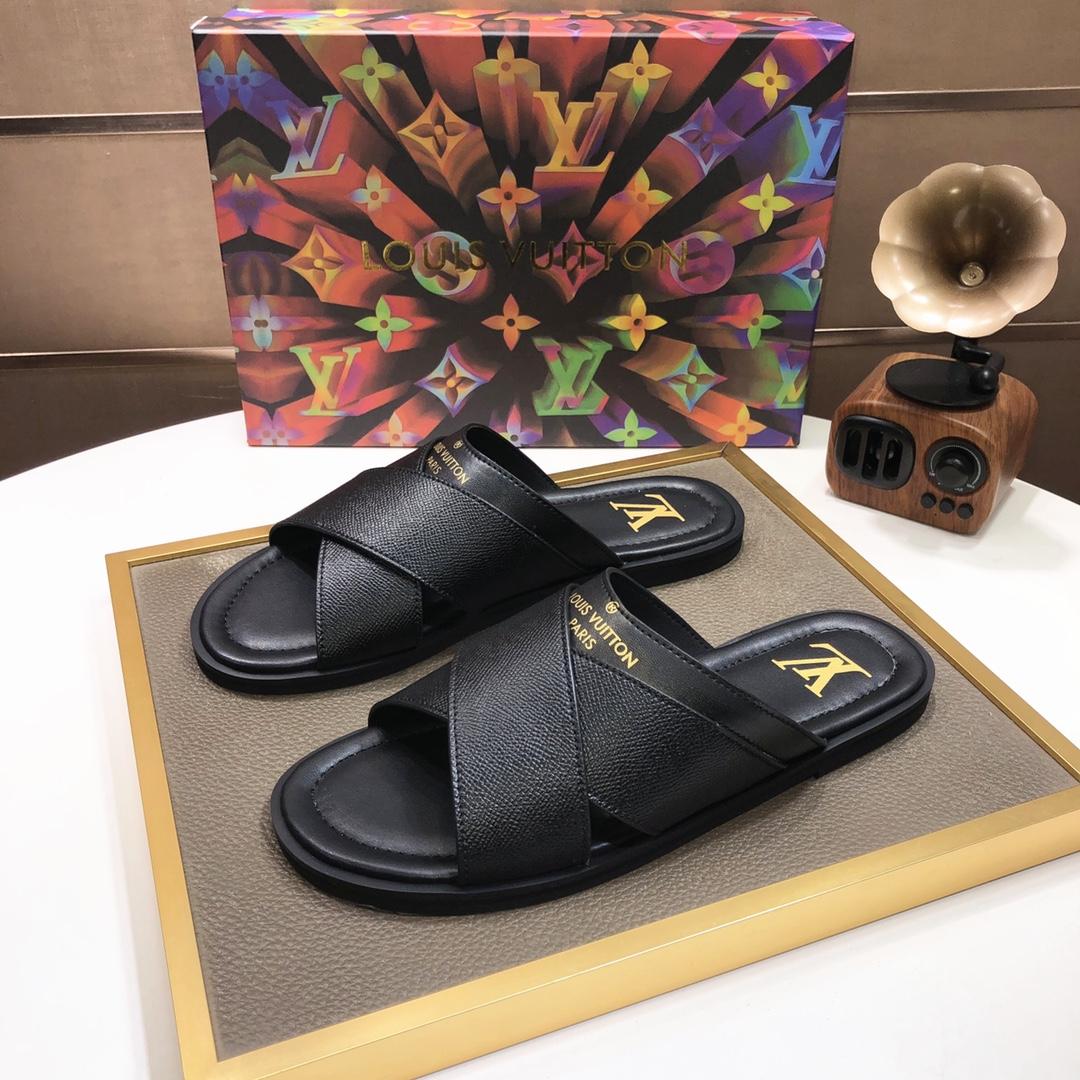 Louis Vuitton Black Leather Foch Cross Strap Flat Slides - DopestKickz