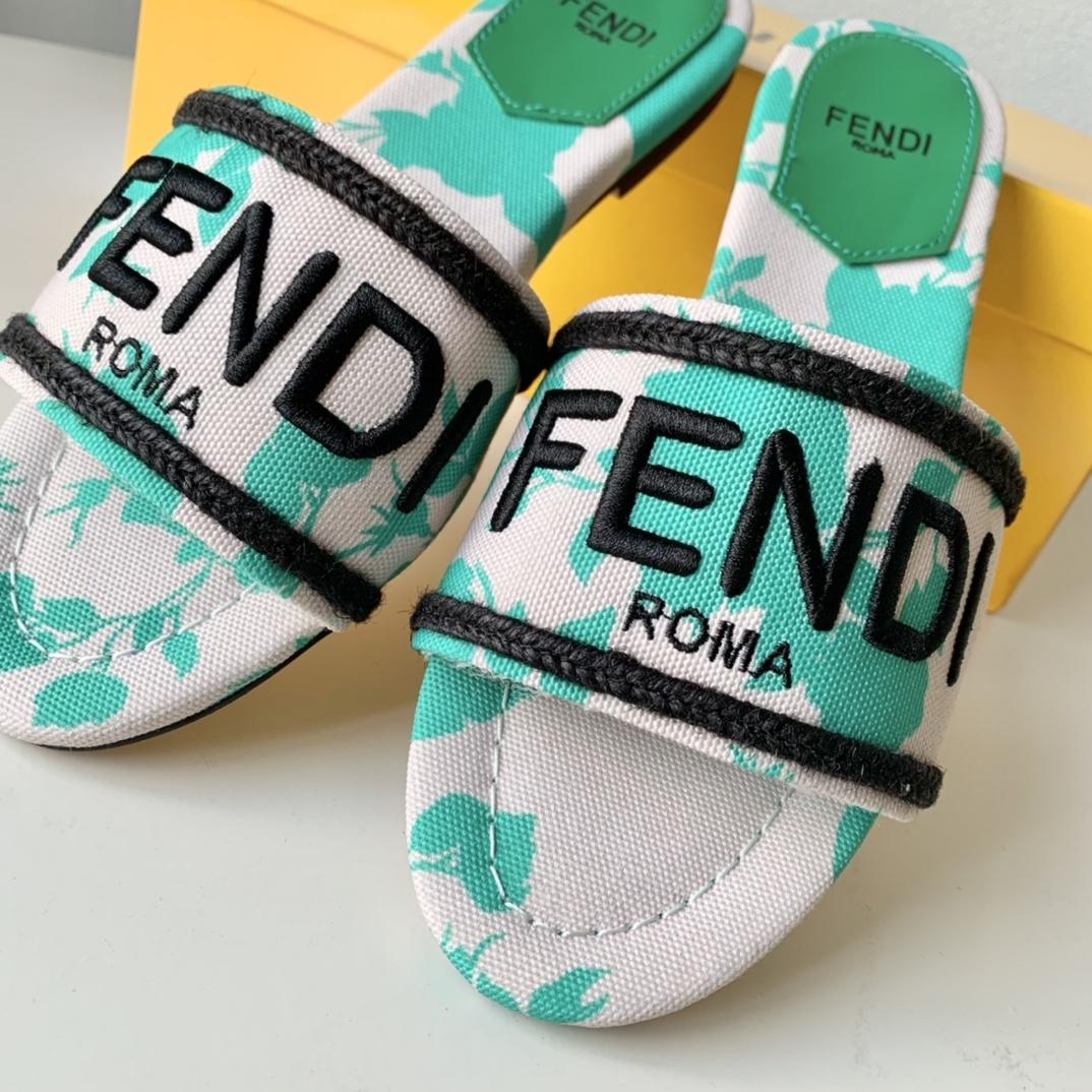 Fendi Signature Green Canvas Slides - DopestKickz