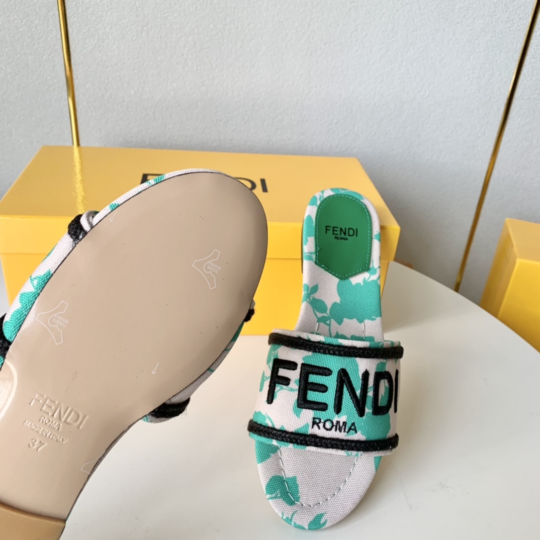 Fendi Signature Green Canvas Slides - DopestKickz