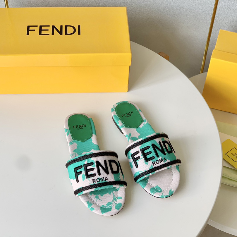 Fendi Signature Green Canvas Slides - DopestKickz