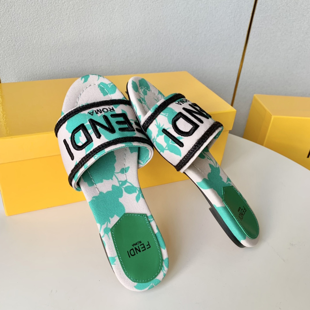 Fendi Signature Green Canvas Slides - DopestKickz