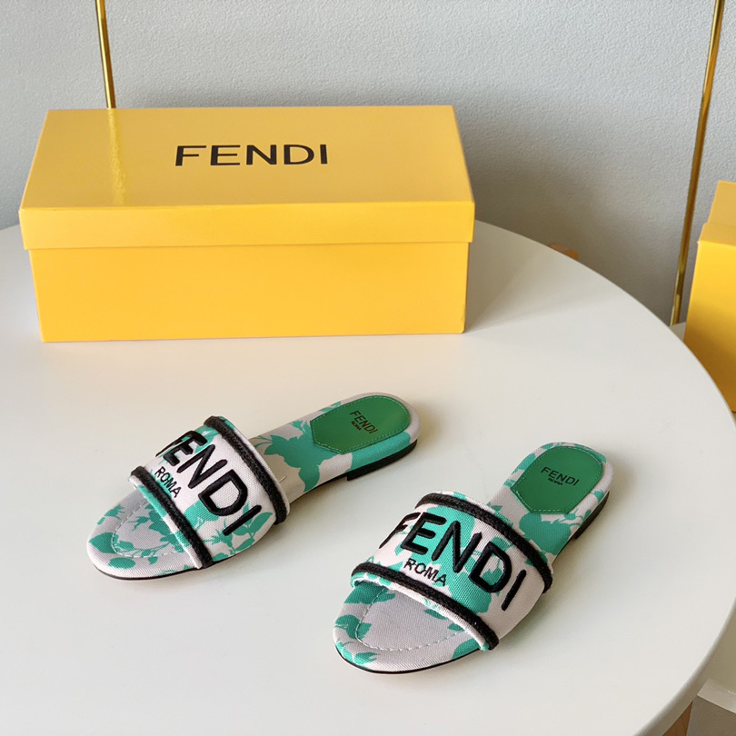 Fendi Signature Green Canvas Slides - DopestKickz