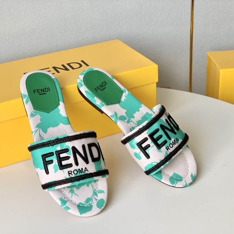 Fendi Signature Green Canvas Slides - DopestKickz