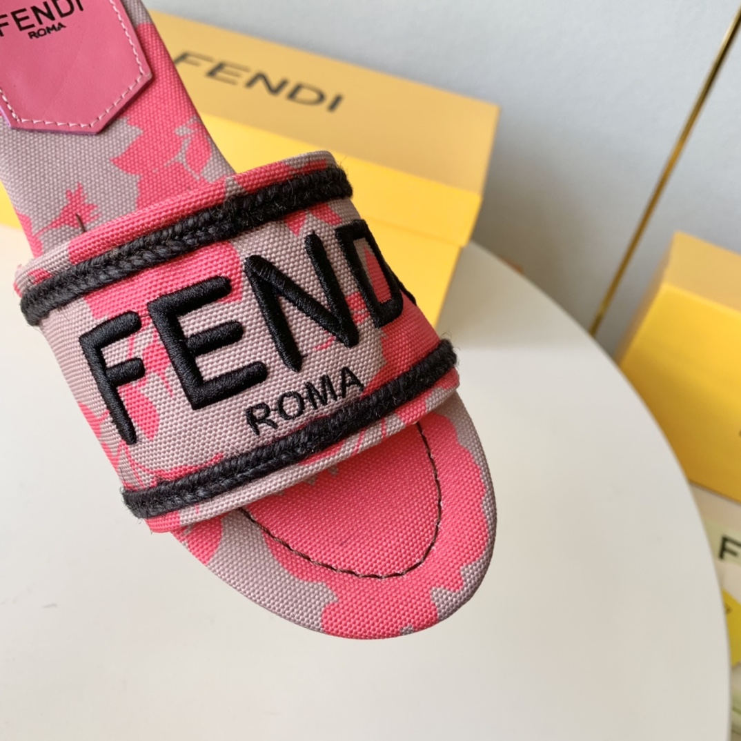 Fendi Signature Pink Canvas Slides - DopestKickz