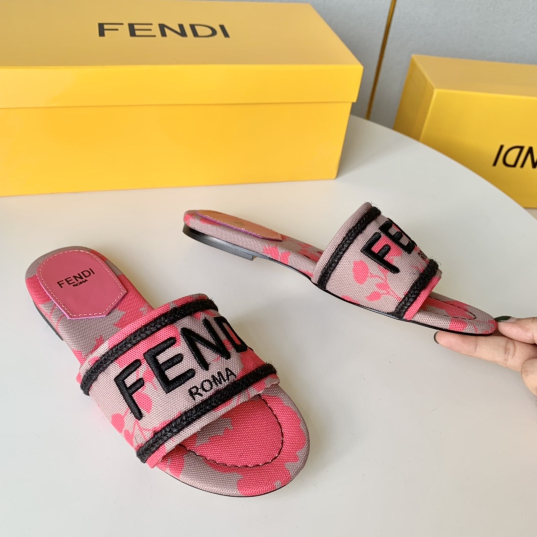 Fendi Signature Pink Canvas Slides - DopestKickz