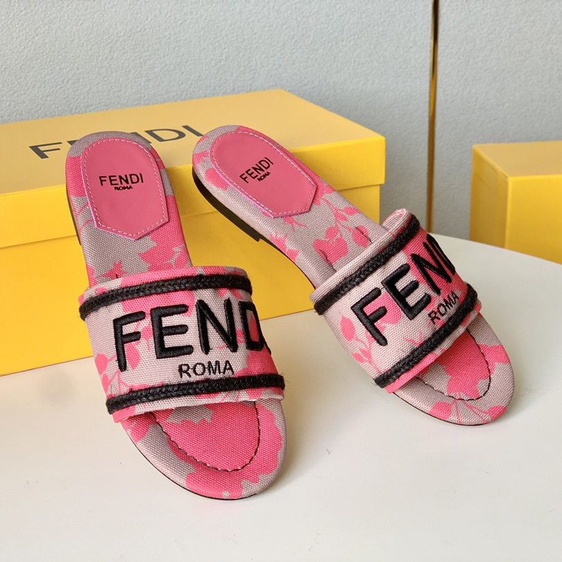 Fendi Signature Pink Canvas Slides - DopestKickz