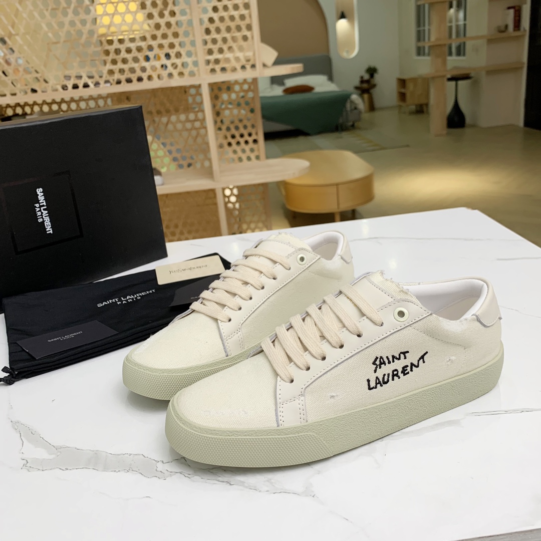 Saint Laurent Court Classic Sl/06 Sneakers Embroidered With Saint Laurent,In White Worn-look Fabric And Leather - DopestKickz