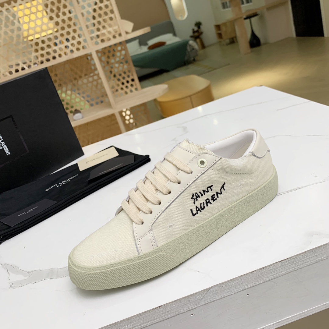Saint Laurent Court Classic Sl/06 Sneakers Embroidered With Saint Laurent,In White Worn-look Fabric And Leather - DopestKickz