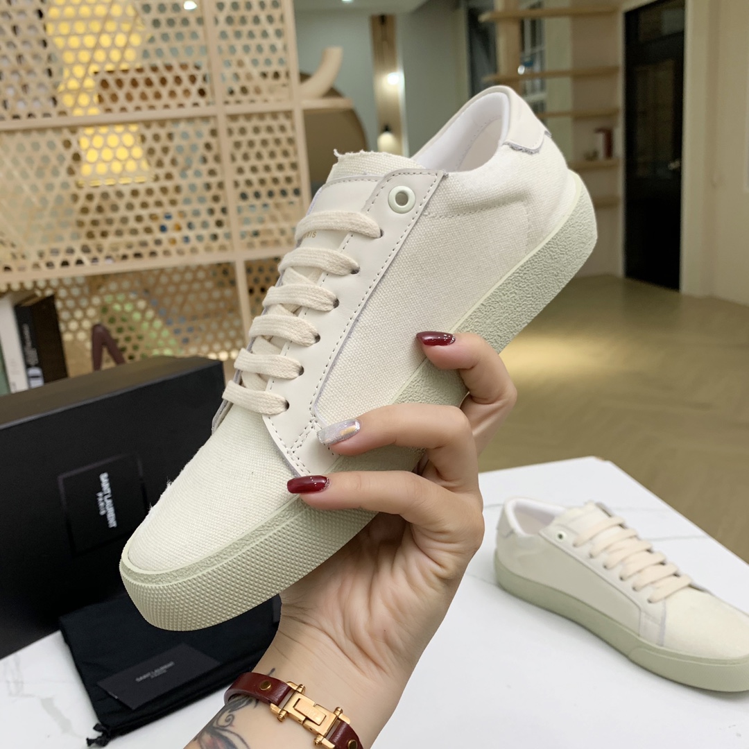 Saint Laurent Court Classic Sl/06 Sneakers Embroidered With Saint Laurent,In White Worn-look Fabric And Leather - DopestKickz