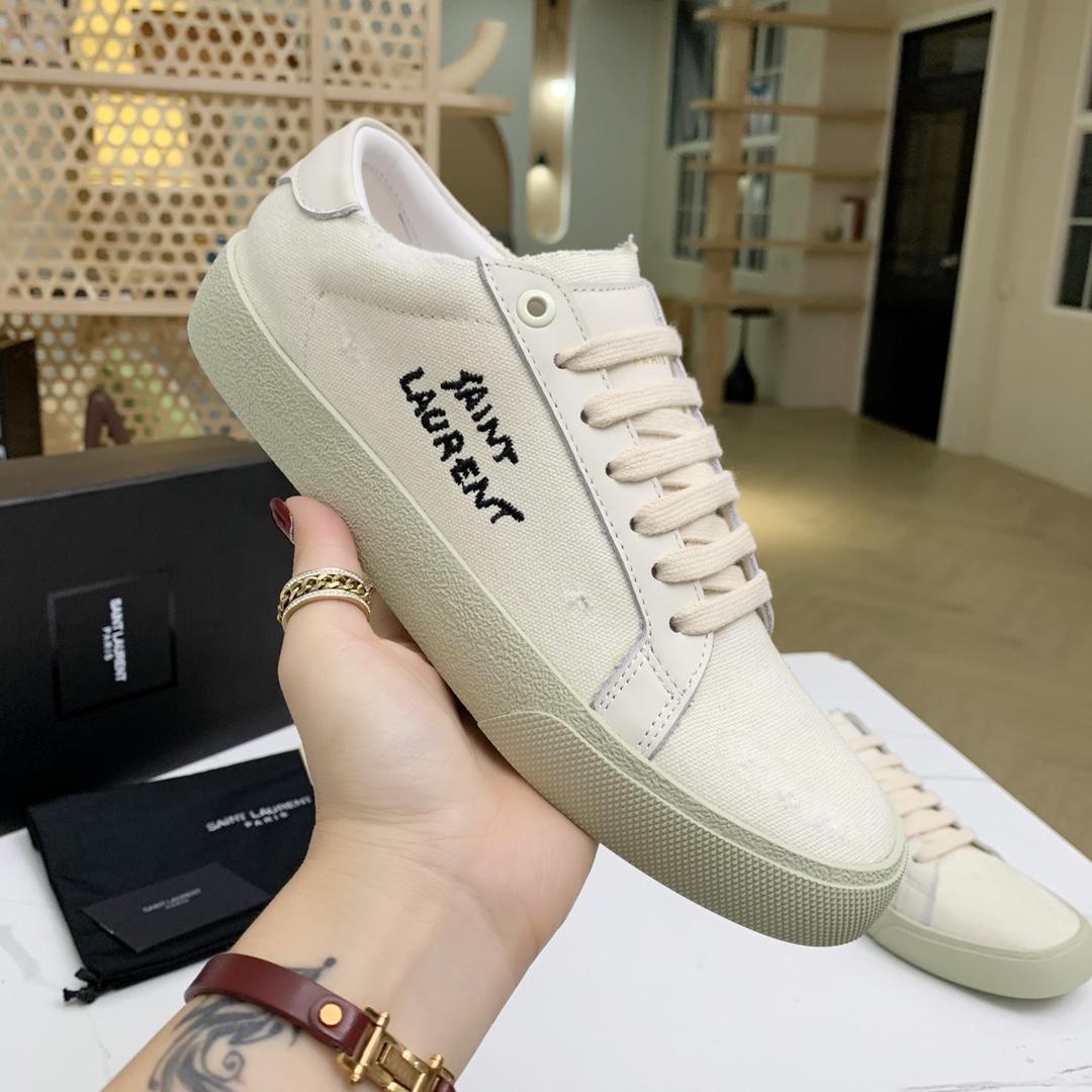 Saint Laurent Court Classic Sl/06 Sneakers Embroidered With Saint Laurent,In White Worn-look Fabric And Leather - DopestKickz