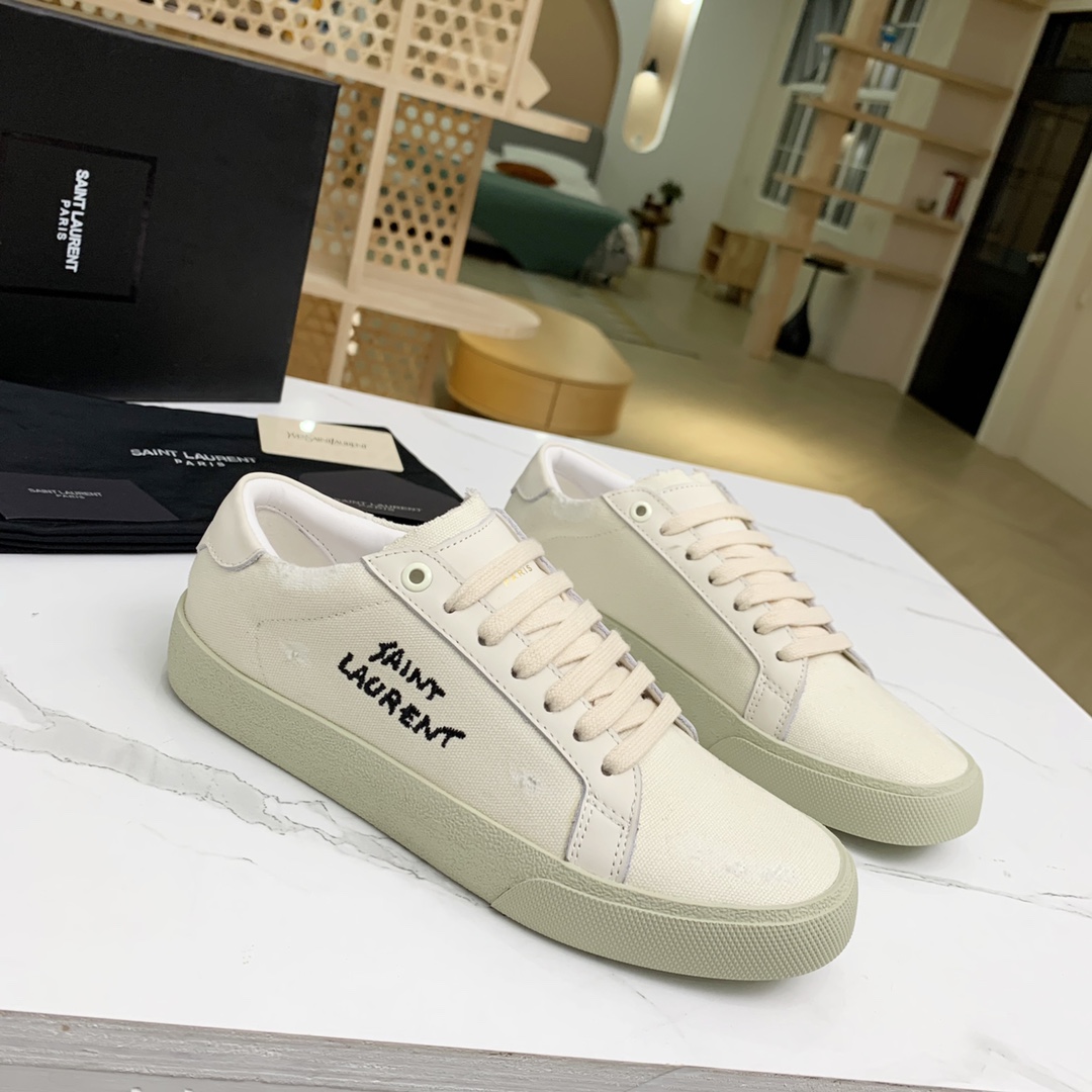Saint Laurent Court Classic Sl/06 Sneakers Embroidered With Saint Laurent,In White Worn-look Fabric And Leather - DopestKickz
