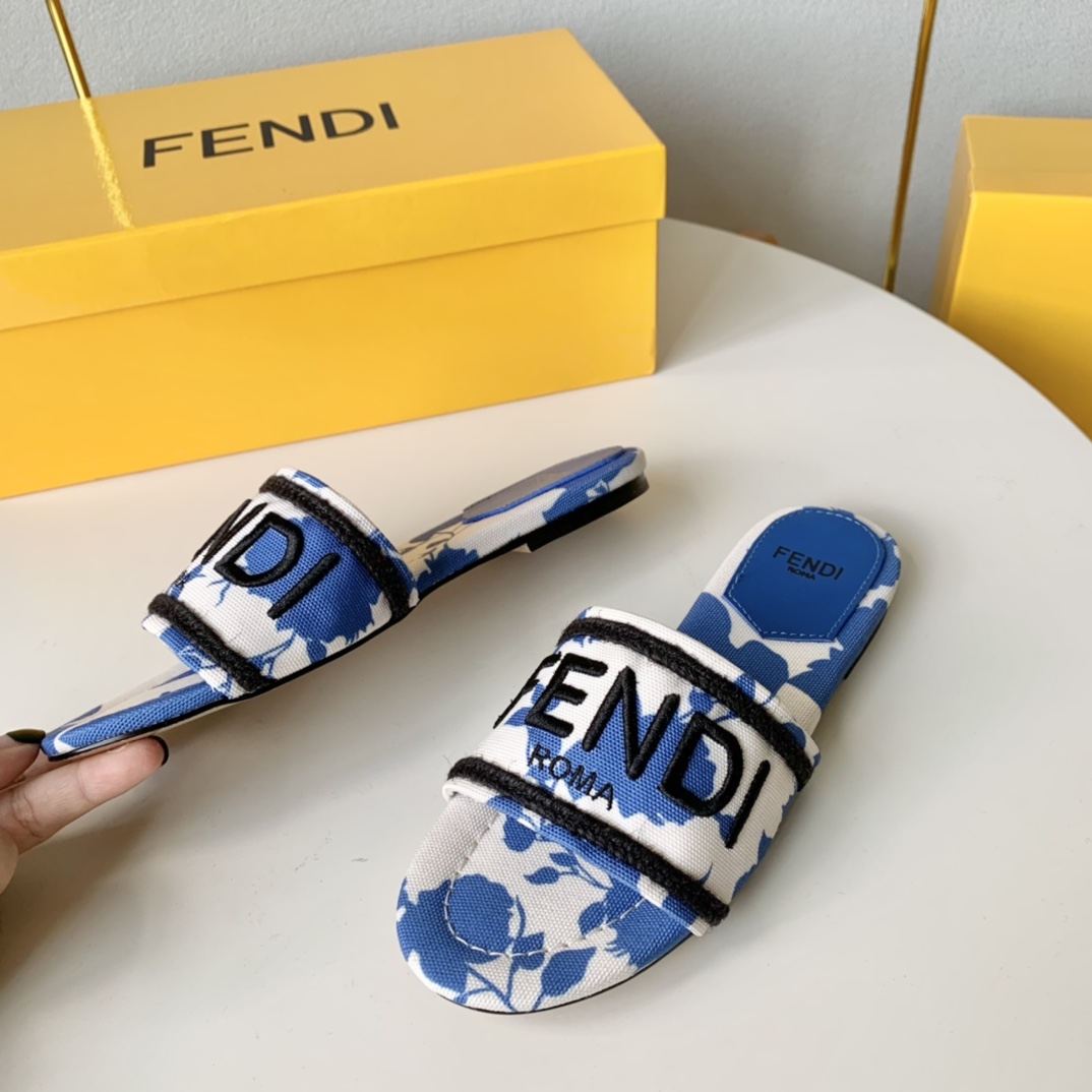 Fendi Signature Blue Canvas Slides - DopestKickz