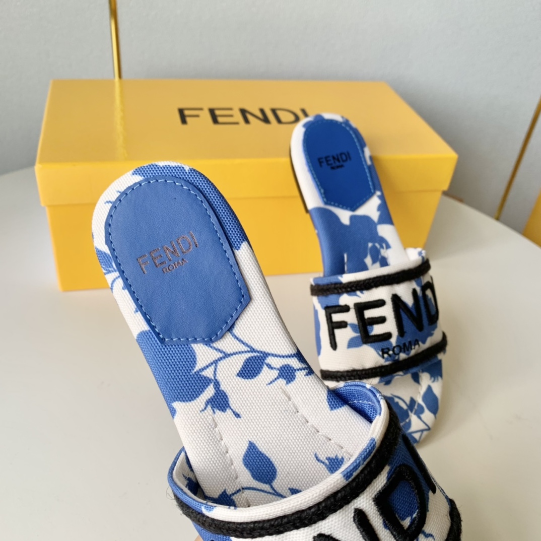 Fendi Signature Blue Canvas Slides - DopestKickz