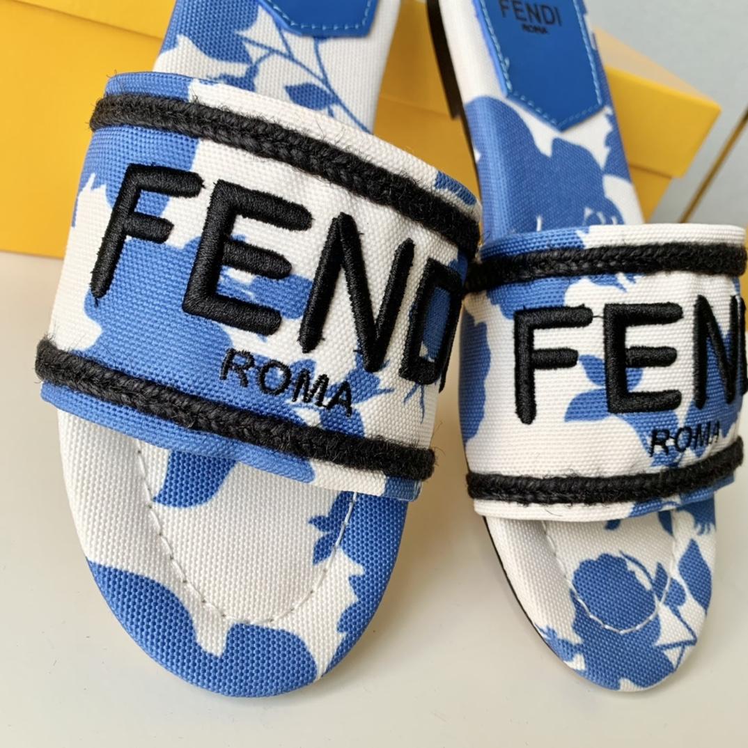 Fendi Signature Blue Canvas Slides - DopestKickz