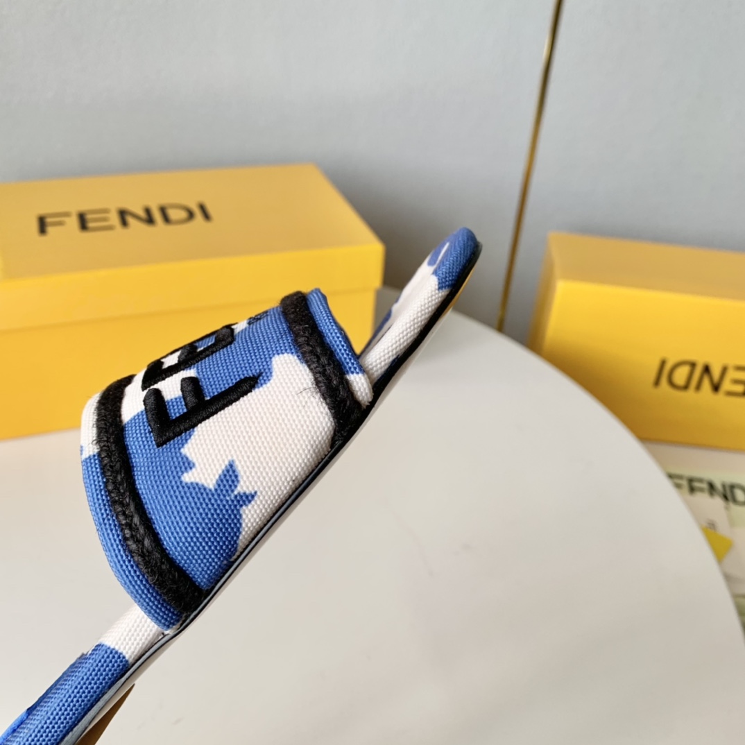 Fendi Signature Blue Canvas Slides - DopestKickz