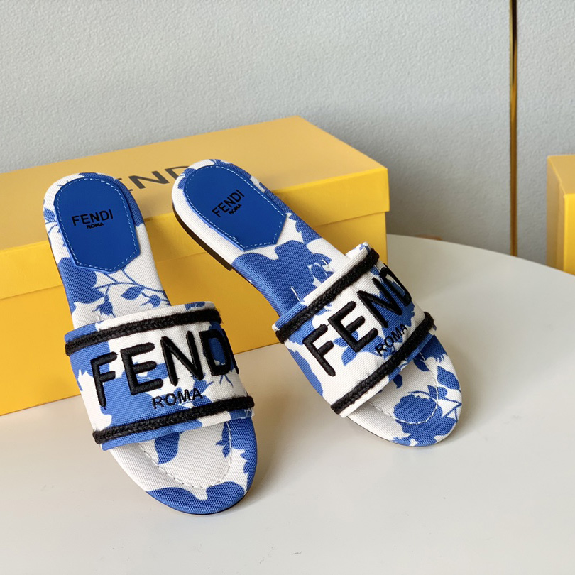 Fendi Signature Blue Canvas Slides - DopestKickz
