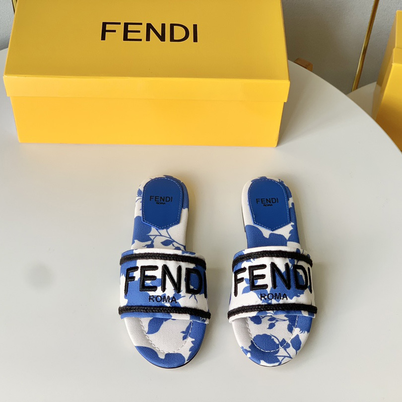 Fendi Signature Blue Canvas Slides - DopestKickz