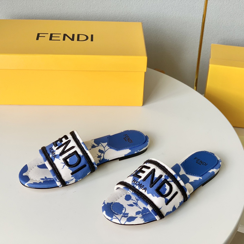 Fendi Signature Blue Canvas Slides - DopestKickz