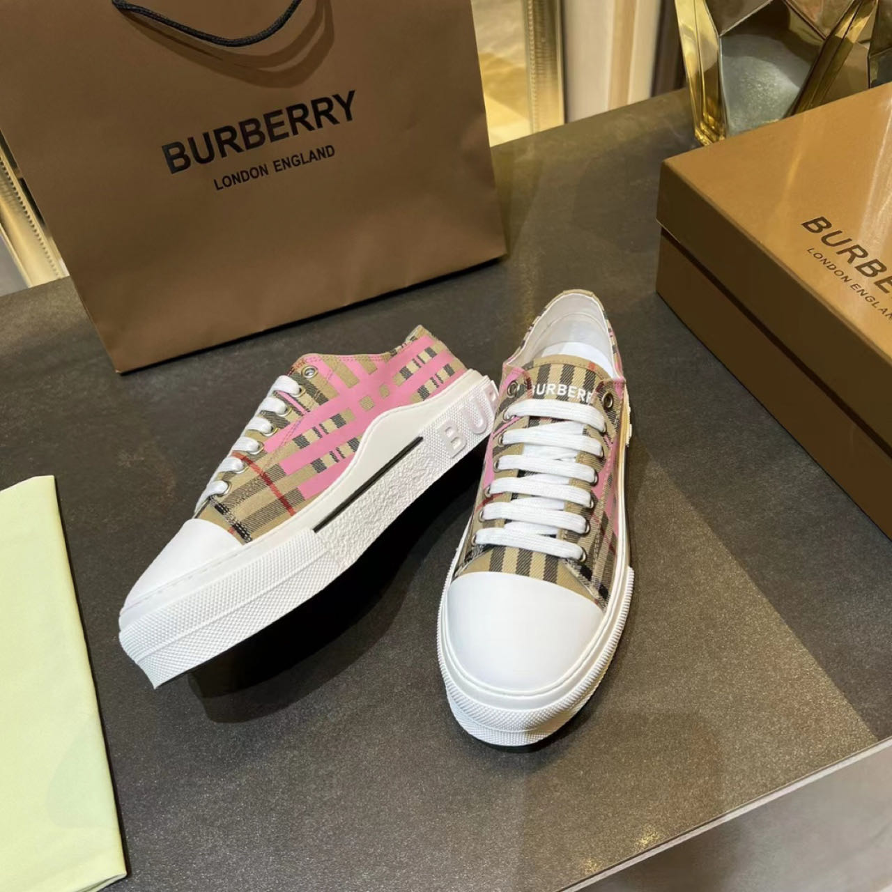 Burberry Check Cotton Sneakers - DopestKickz