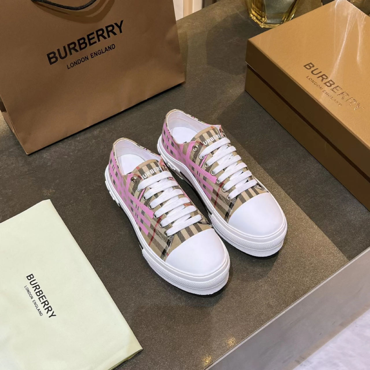 Burberry Check Cotton Sneakers - DopestKickz