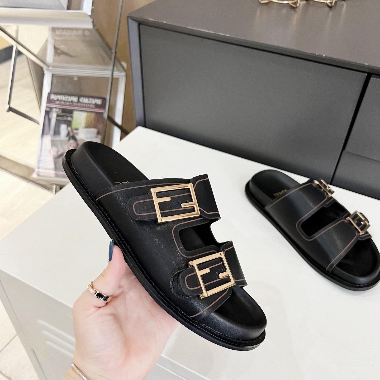 Fendi Feel Black Leather Slides - DopestKickz