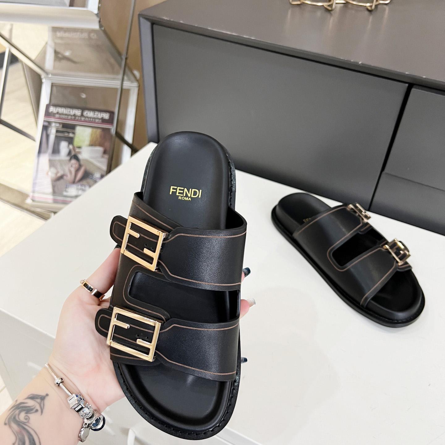 Fendi Feel Black Leather Slides - DopestKickz
