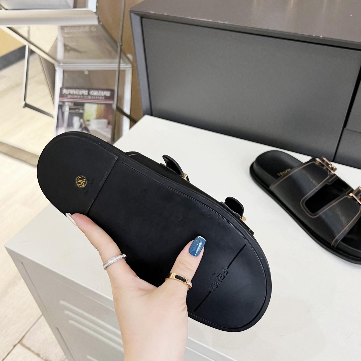 Fendi Feel Black Leather Slides - DopestKickz