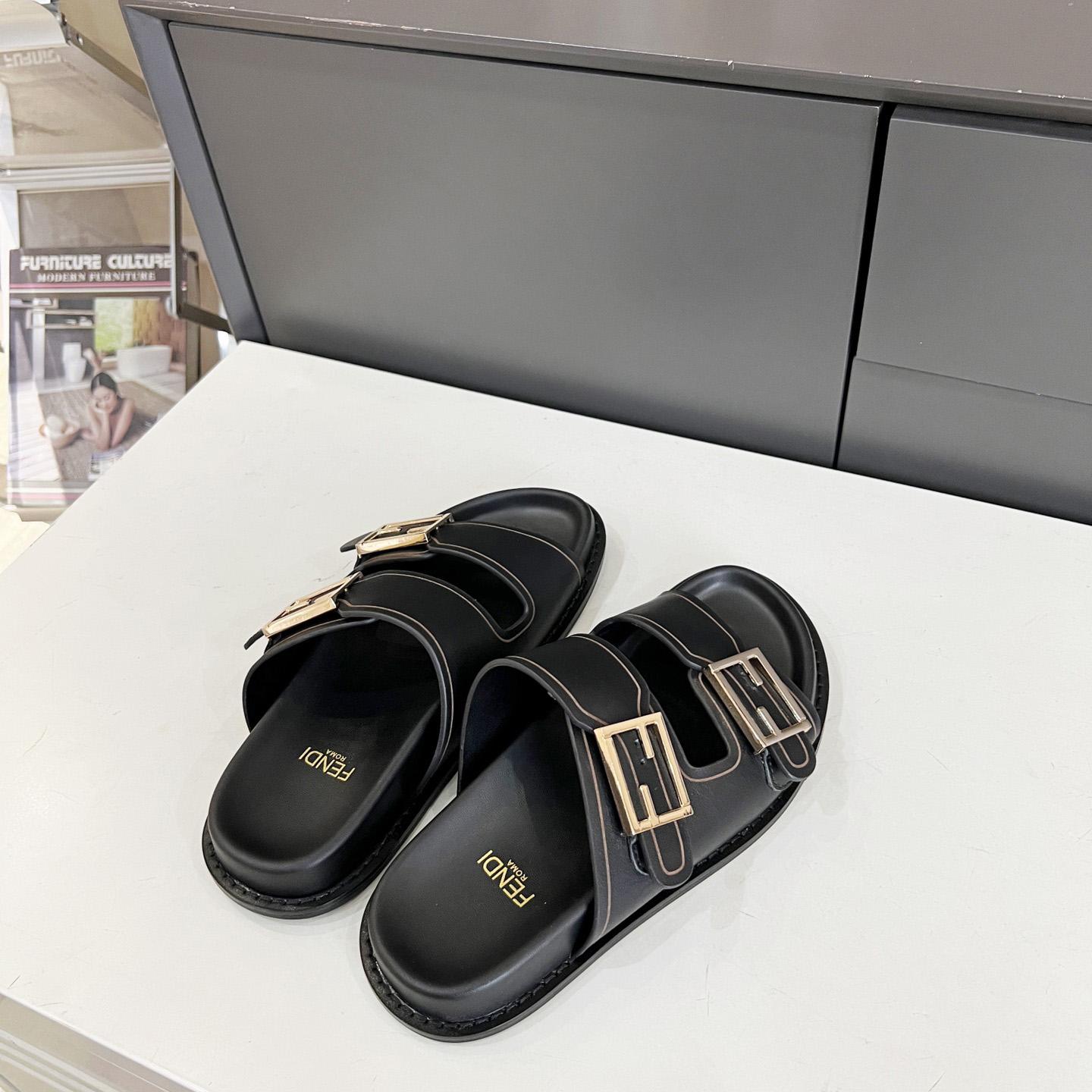 Fendi Feel Black Leather Slides - DopestKickz