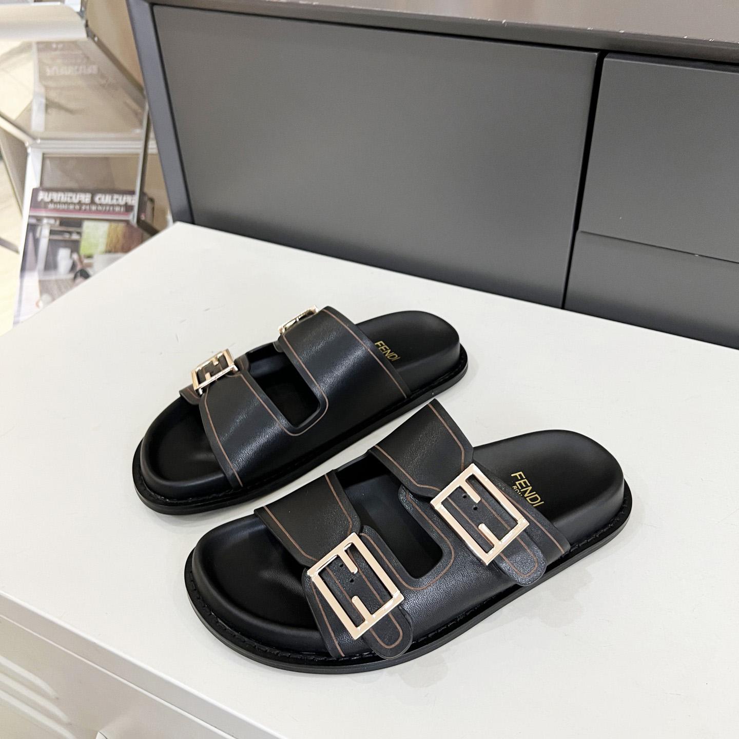 Fendi Feel Black Leather Slides - DopestKickz
