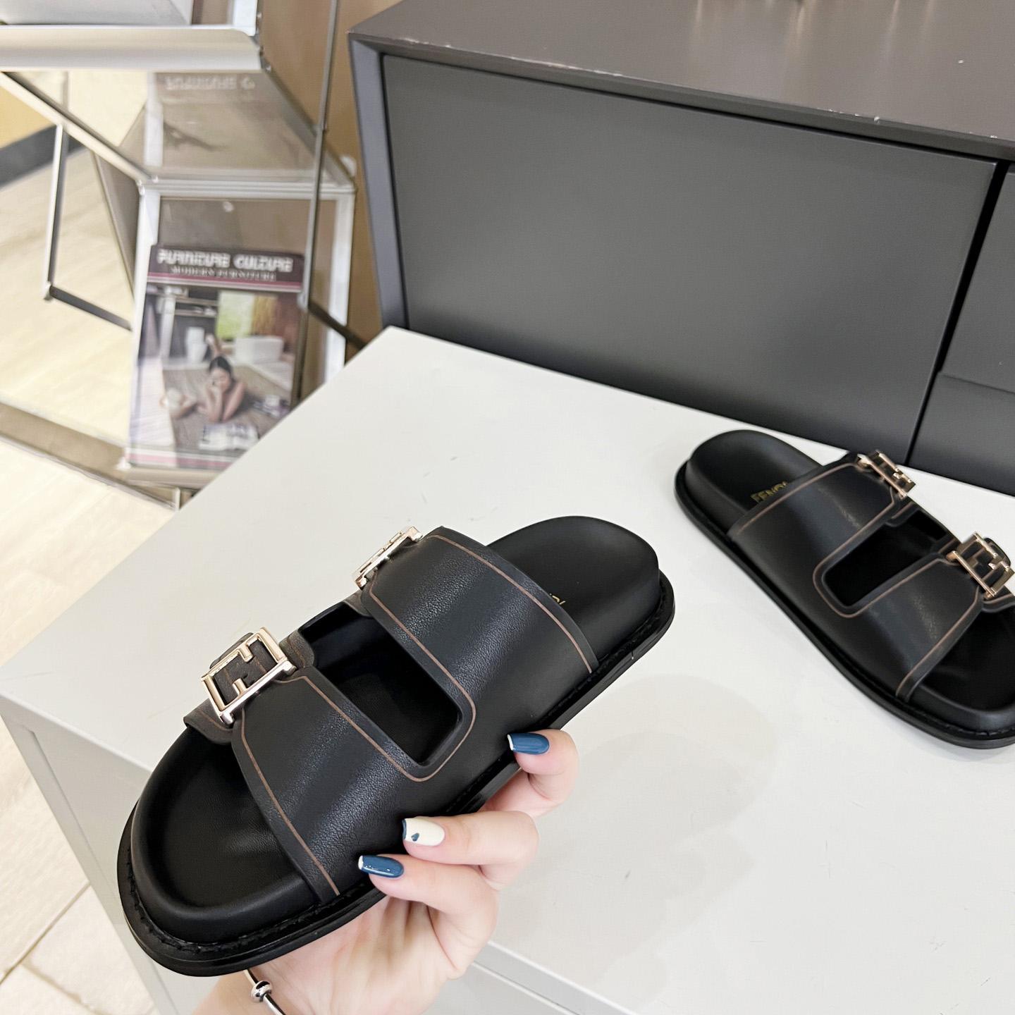 Fendi Feel Black Leather Slides - DopestKickz