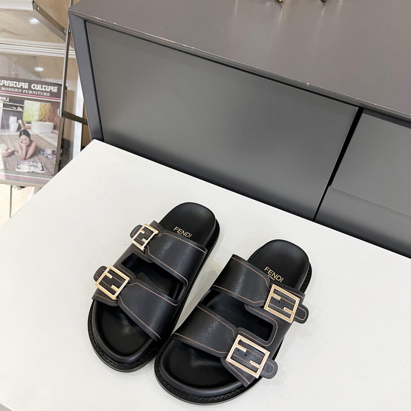 Fendi Feel Black Leather Slides - DopestKickz