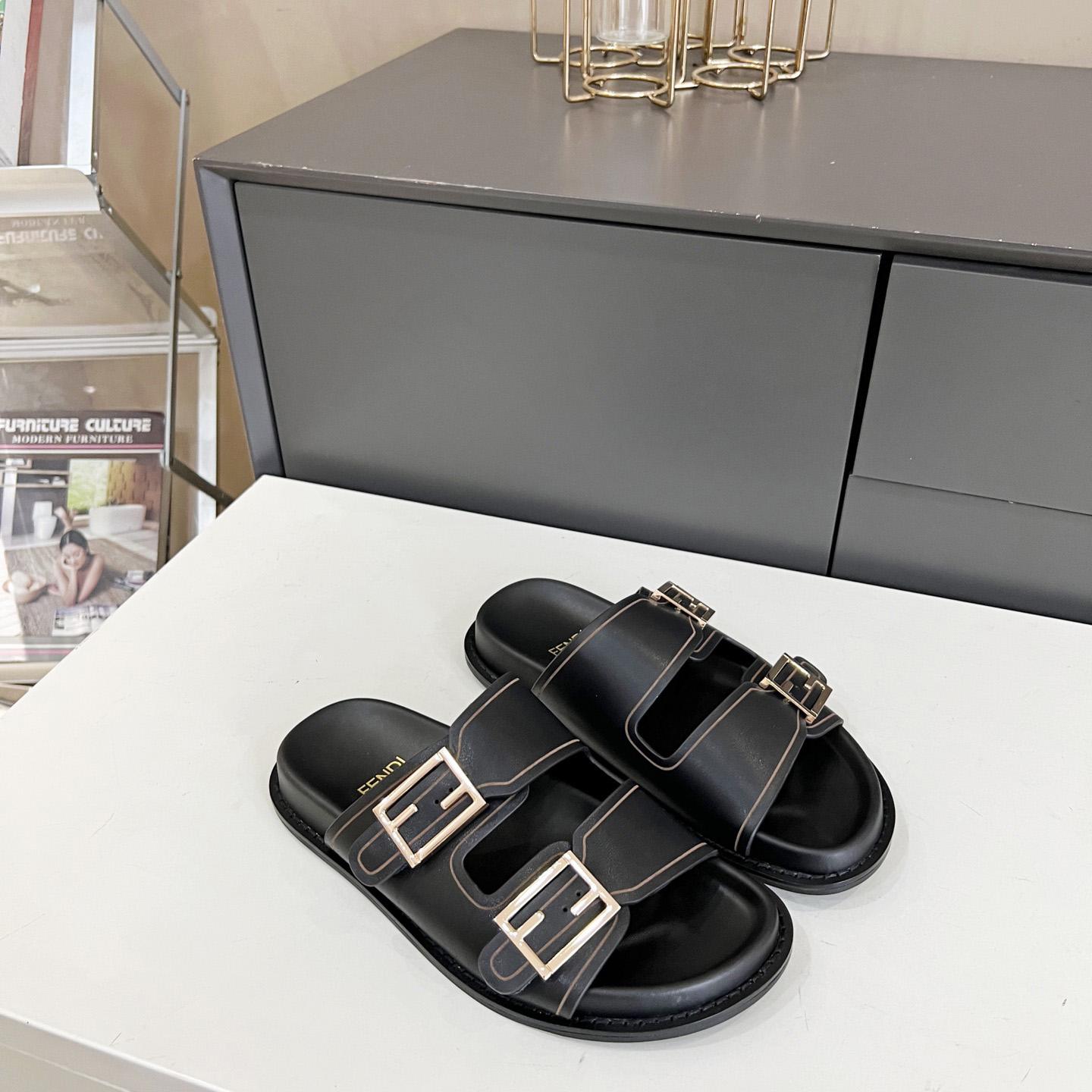Fendi Feel Black Leather Slides - DopestKickz