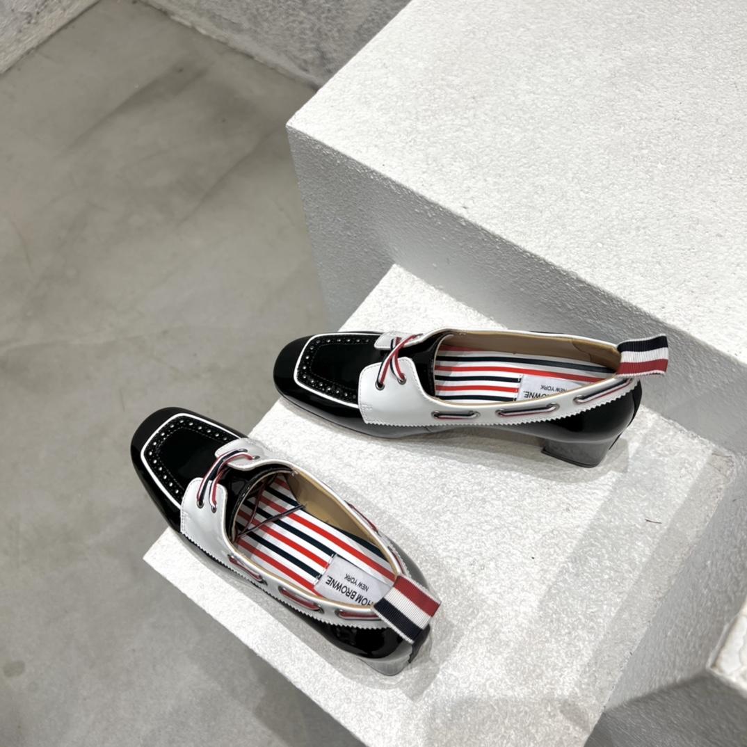 Thom Browne Black And White Soft Patent Leather 40mm Block Heel Boat Shoe - DopestKickz