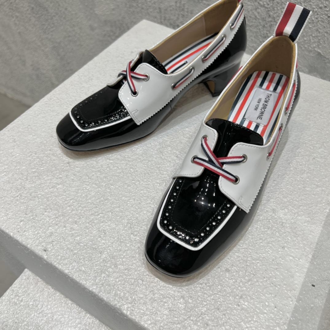 Thom Browne Black And White Soft Patent Leather 40mm Block Heel Boat Shoe - DopestKickz