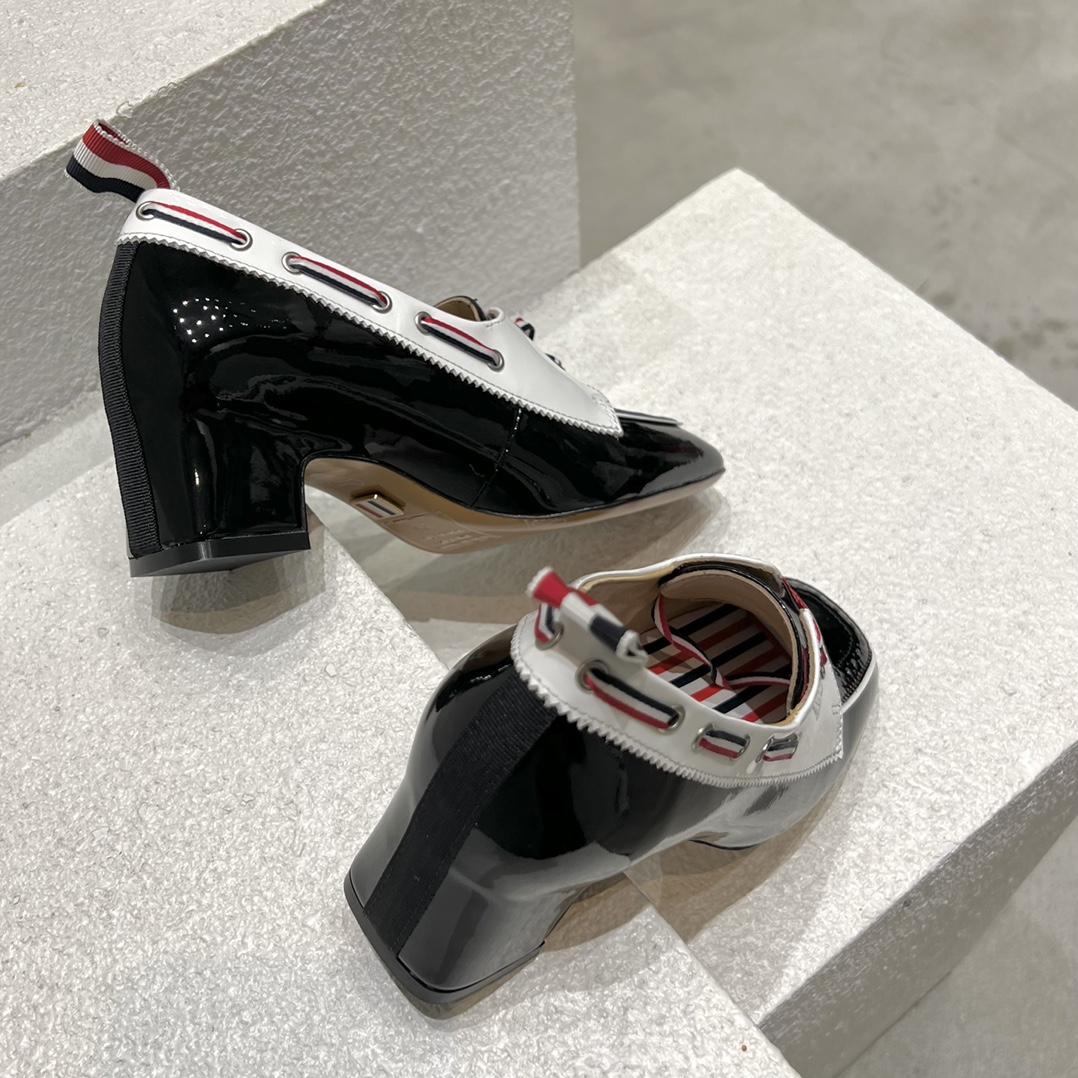 Thom Browne Black And White Soft Patent Leather 40mm Block Heel Boat Shoe - DopestKickz