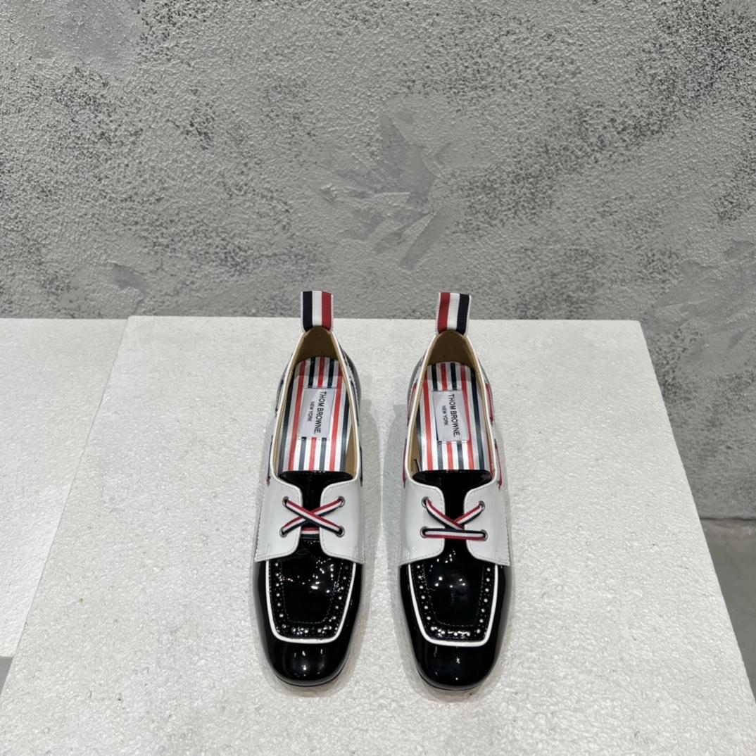 Thom Browne Black And White Soft Patent Leather 40mm Block Heel Boat Shoe - DopestKickz