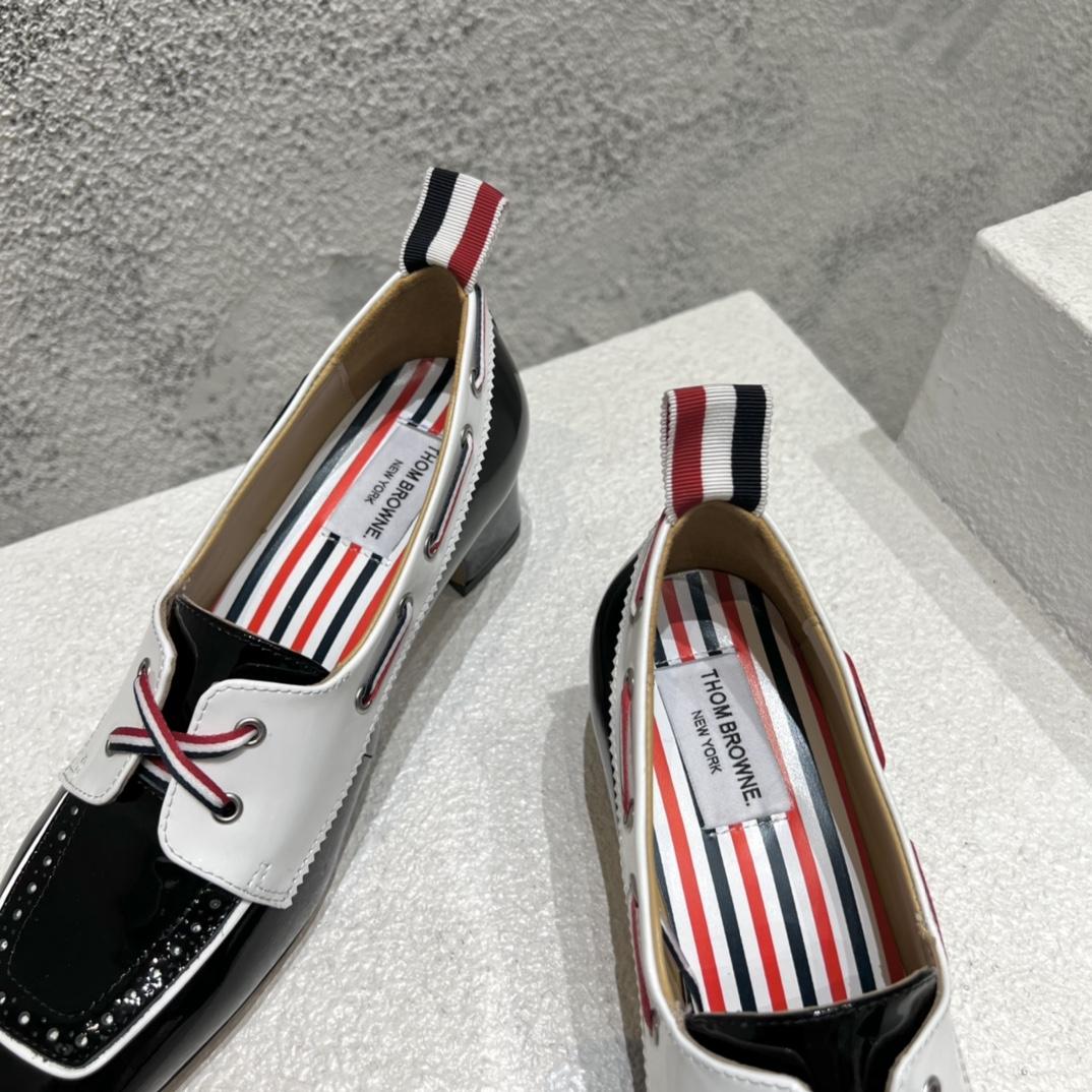 Thom Browne Black And White Soft Patent Leather 40mm Block Heel Boat Shoe - DopestKickz