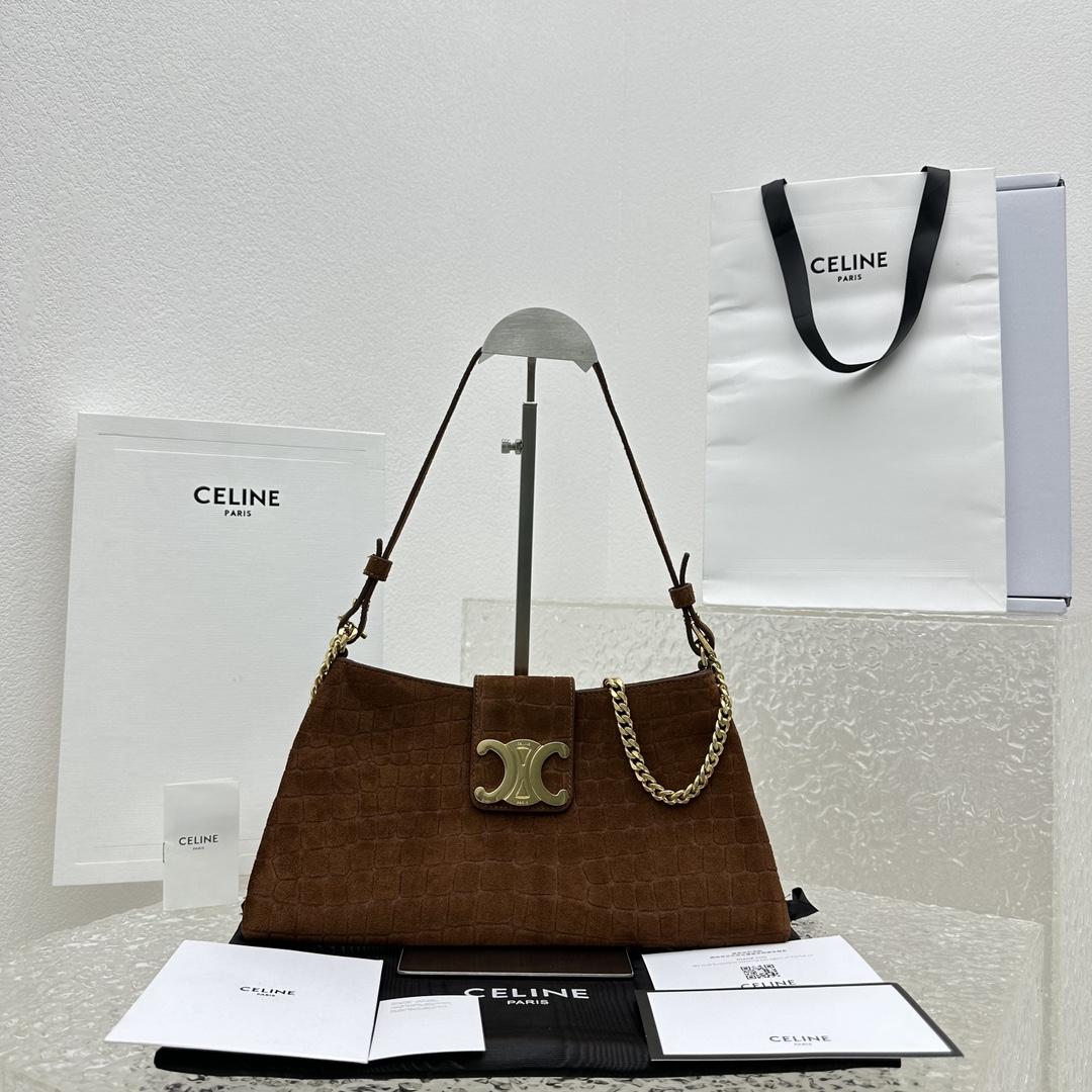 Celine Wiltern Clutch Triomphe Soft In Crocodile Embossed Suede Calfskin Brown  - DopestKickz