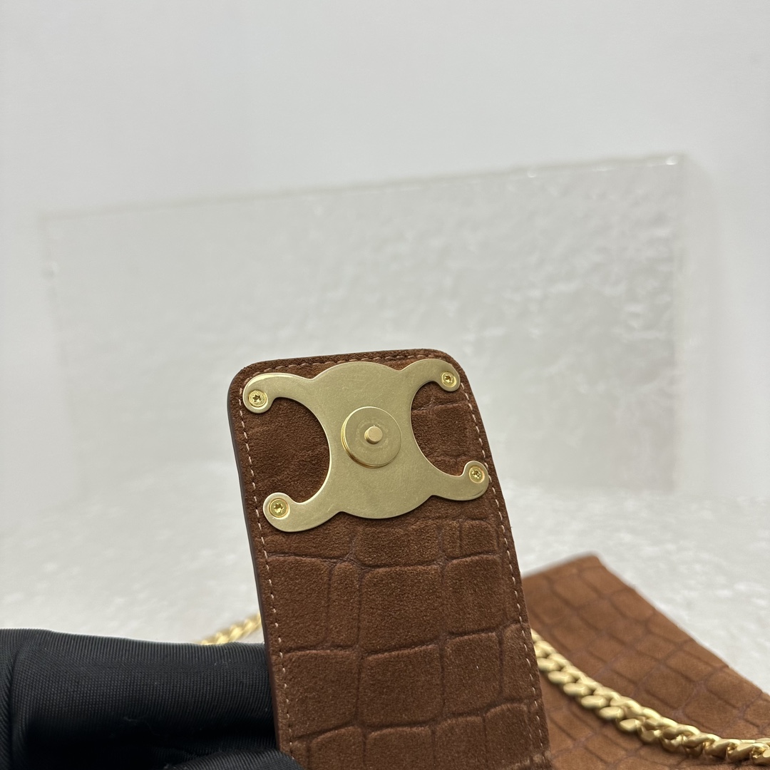 Celine Wiltern Clutch Triomphe Soft In Crocodile Embossed Suede Calfskin Brown  - DopestKickz