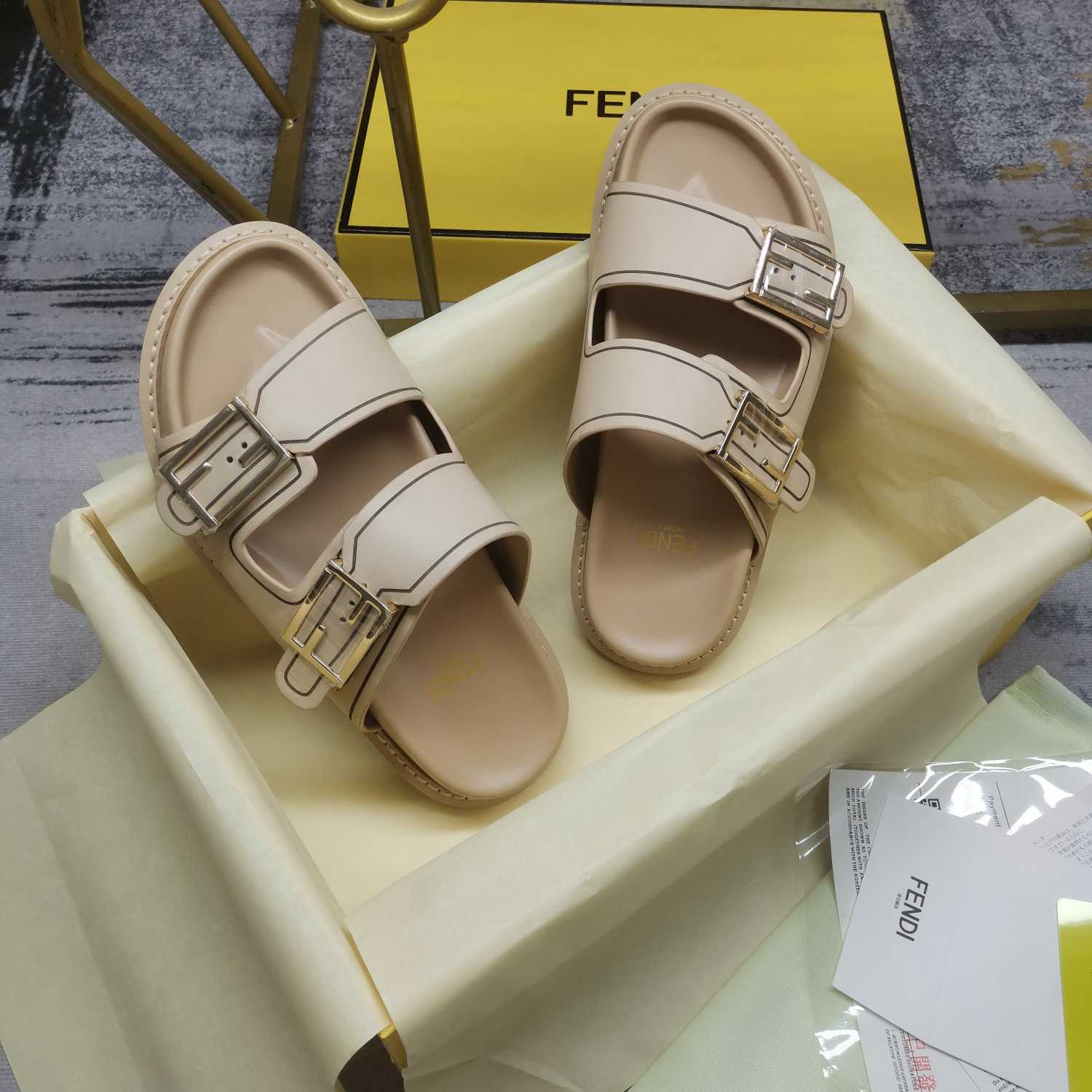 Fendi Feel Beige Leather Slides - DopestKickz