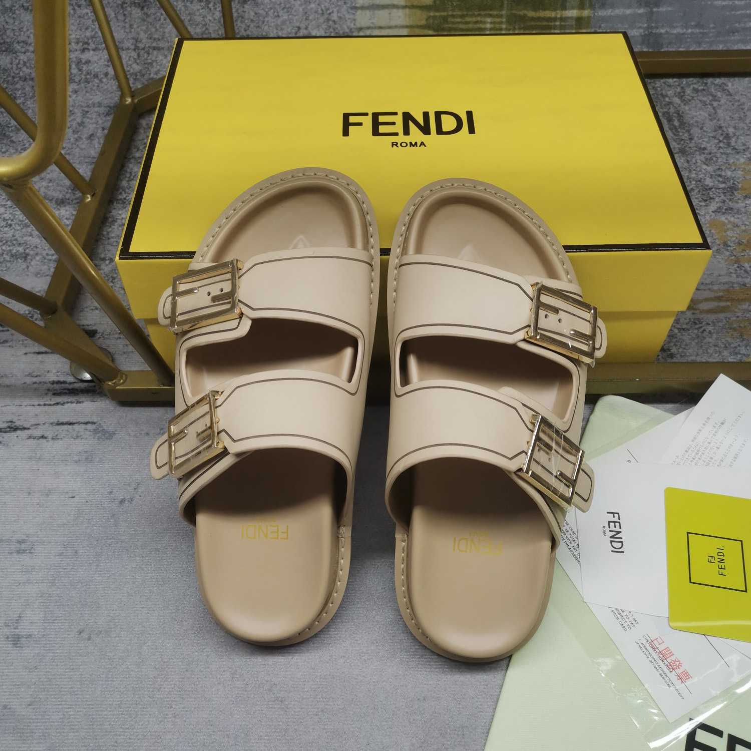 Fendi Feel Beige Leather Slides - DopestKickz