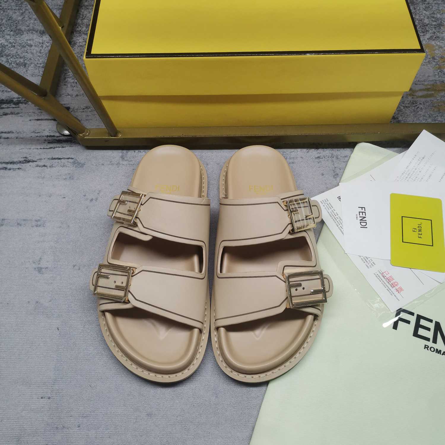 Fendi Feel Beige Leather Slides - DopestKickz