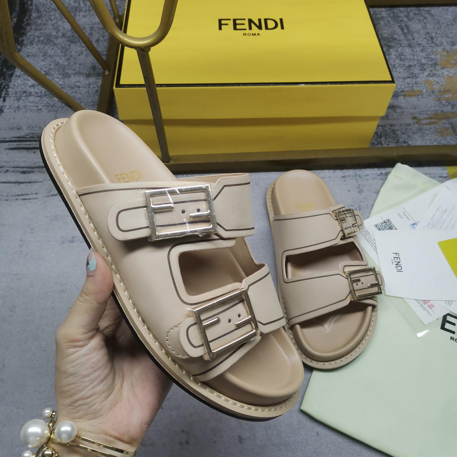 Fendi Feel Beige Leather Slides - DopestKickz
