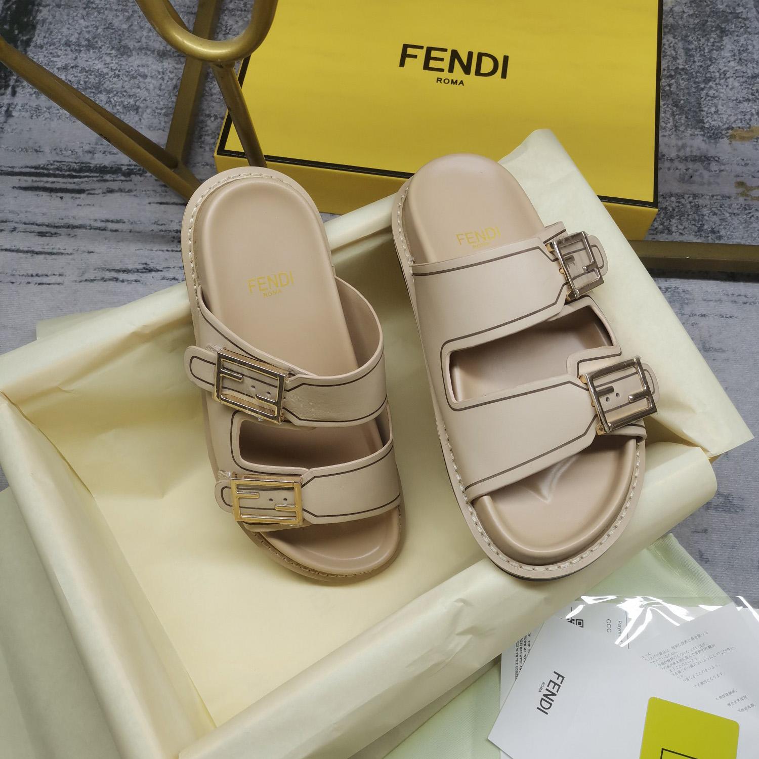 Fendi Feel Beige Leather Slides - DopestKickz