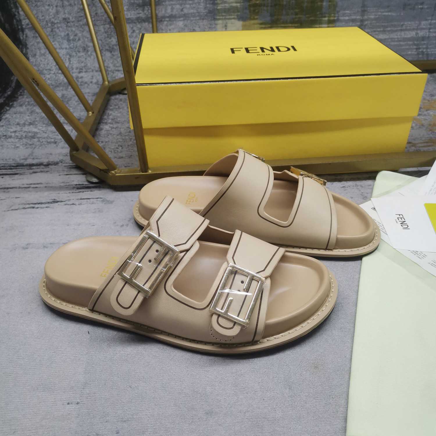 Fendi Feel Beige Leather Slides - DopestKickz