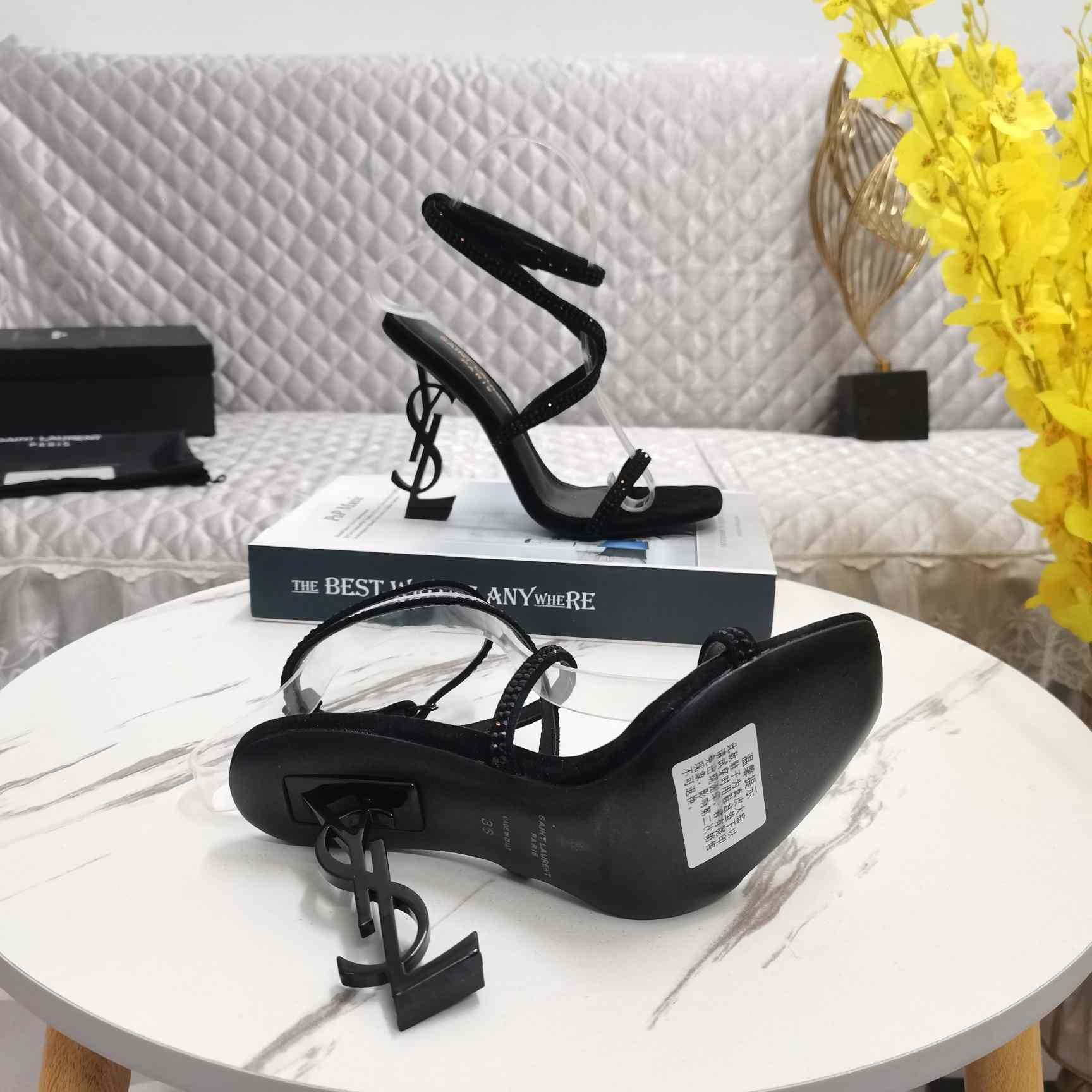 Saint Laurent Opyum Embellished Satin Sandals - DopestKickz