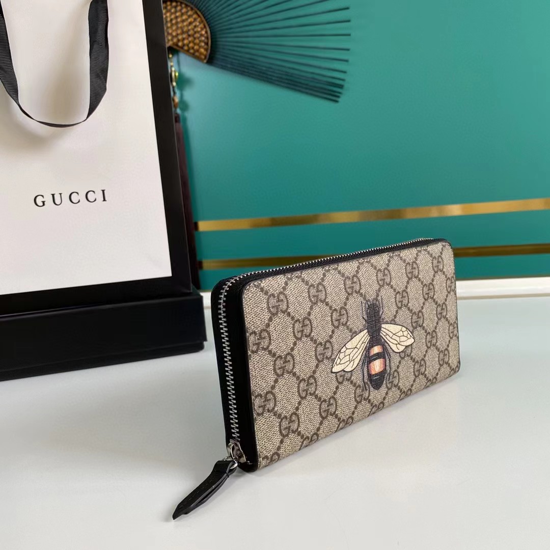 Gucci Bee Print GG Supreme Zip Around Wallet (19*10.5*2.5cm) - DopestKickz