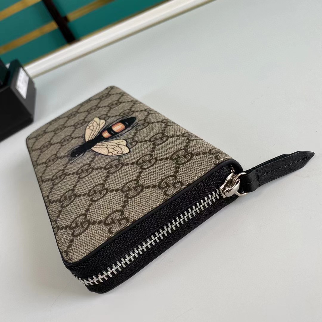 Gucci Bee Print GG Supreme Zip Around Wallet (19*10.5*2.5cm) - DopestKickz